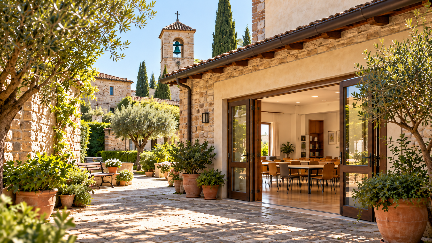 Cortile accogliente con una sala per le attività della comunità